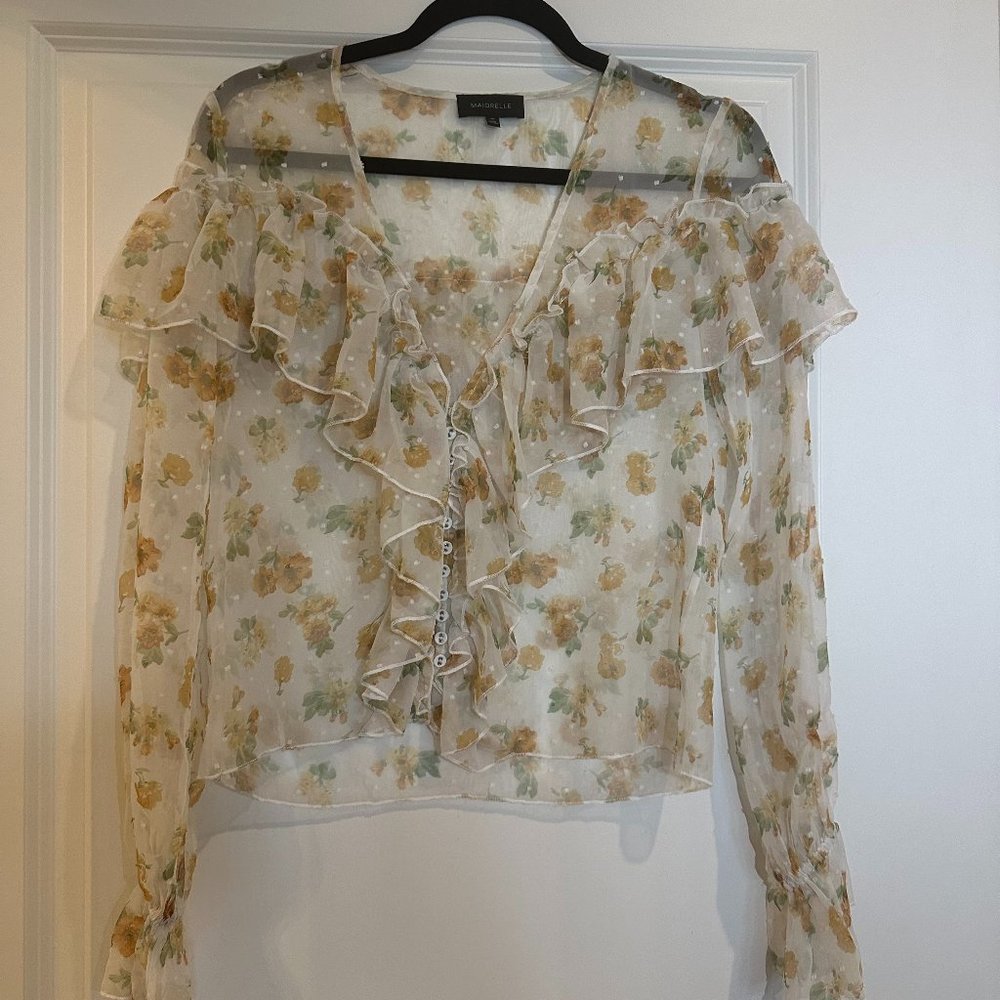 MAJORELLE Revolve Mariel Floral Sheer Ruffles Romantic Blouse in Misty Yellow - Picture 3 of 3